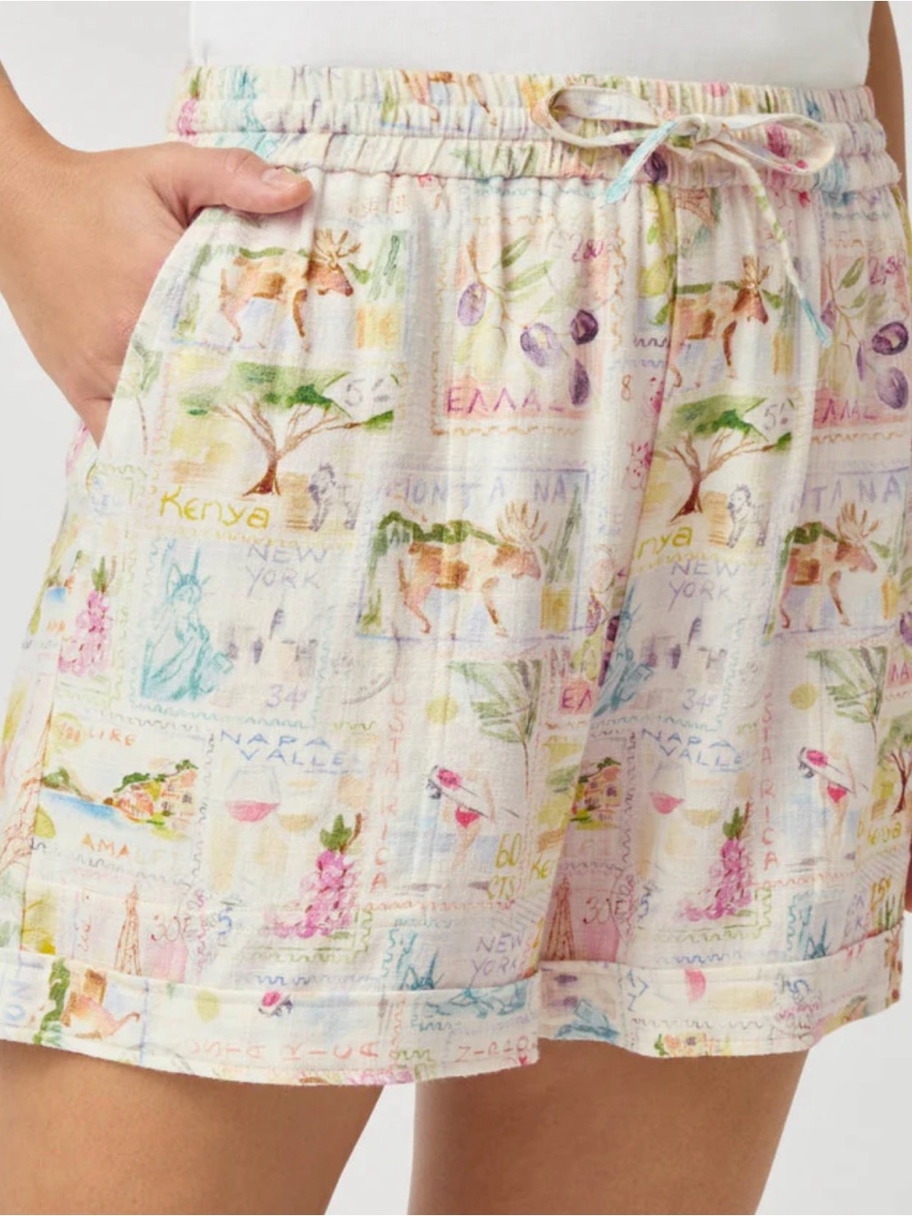 Splendid Cream Pastel Printed High-Waist Drawstring Shorts